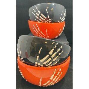 Hausenware Halloween Skeleton Hand Ceramic Bowls Set of 4 Orange Black 5.5 inch